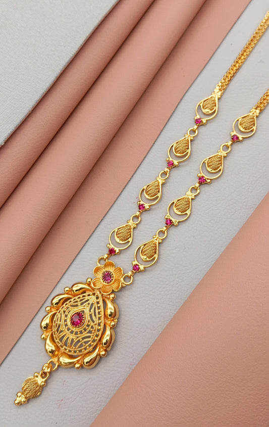Gold Plated Tear Drop Pendant Necklace with Pink Stones – Traditional Ethnic Jewelry for Women