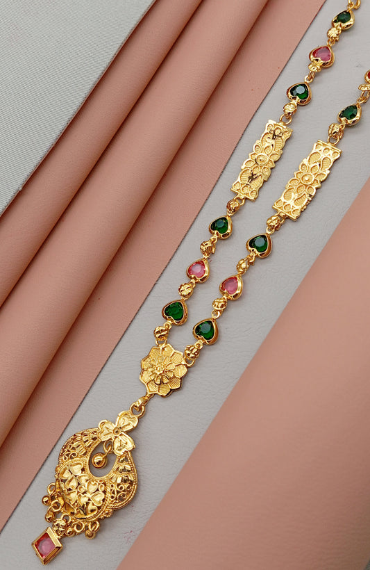 Gold Plated Kundan Necklace with Floral Pendant & Heart Beads – Traditional Ethnic Jewelry